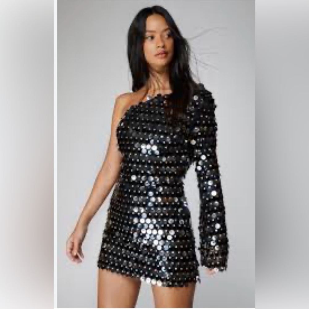 Nasty Girl One Shoulder Black Mirror Disk Dress Size 4 NWT SOLD OUT